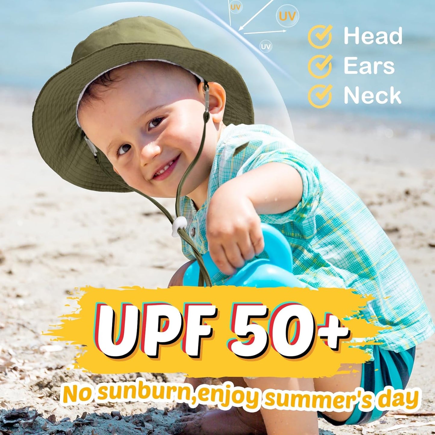 Baby Sun Hat Kids Summer UPF 50+ Toddler Bucket Hat Wide Brim Adjustable Beach Hats for Boys Girls Age 0-6 Years