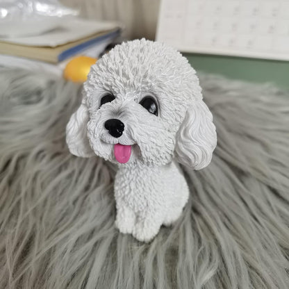 Resin Bobbing Head Dog Figurines Mini Bobblehead Puppy for Home Office Desk Car Dashboards Decor Ornaments (Teddy - White)