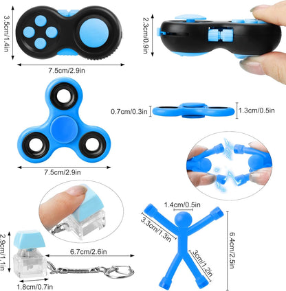 Fidget Toy Kids, ADHD Fidget Toys Adults, Fidget Toys Adults Anxiety with Mini Magnetic Man, Fidget Spinner, Fidget Keychain Keyboard, Fidget Pad (Blue)