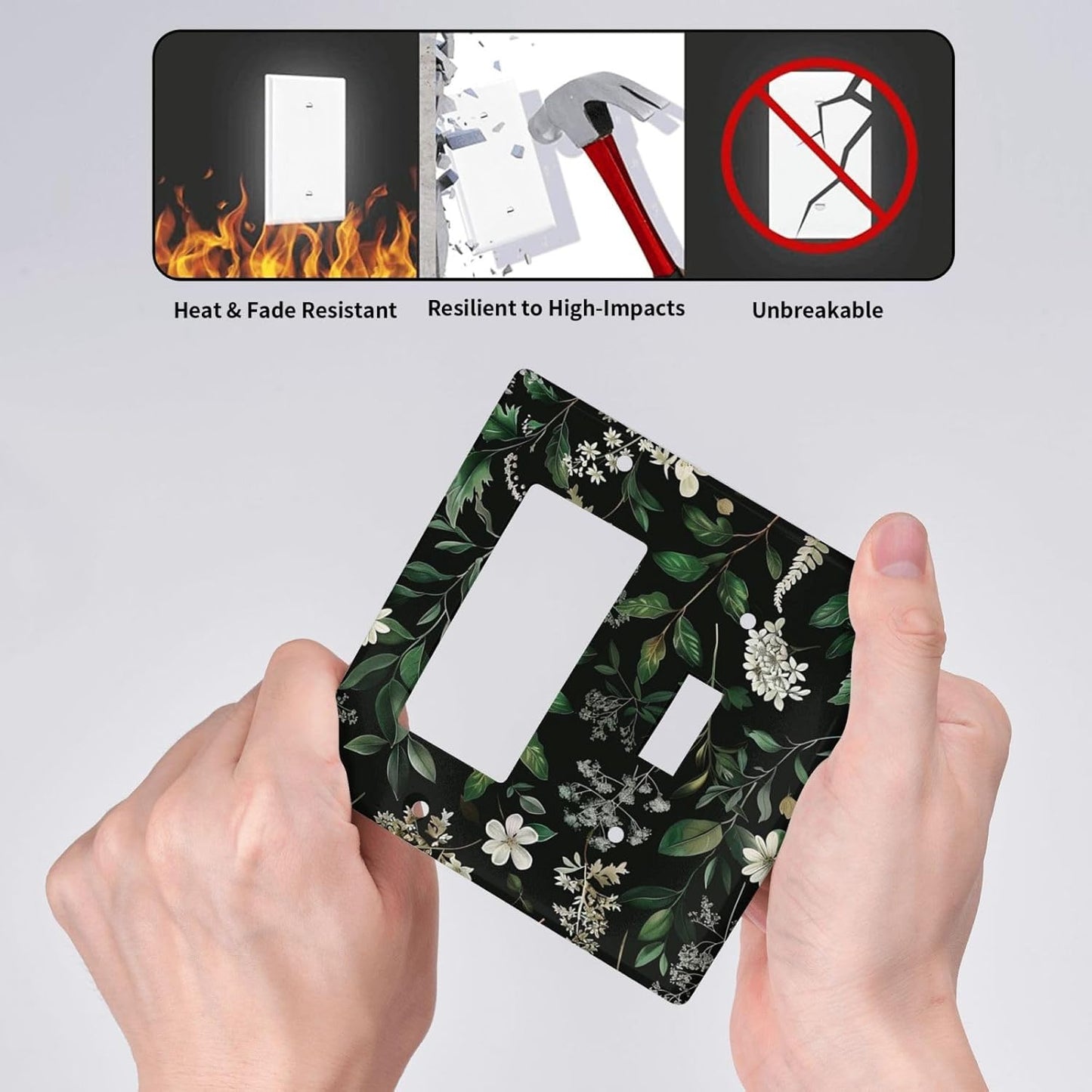 Decorative Outlet Covers Rustic Green Leaves White Flower 2 Gang 1 Gang Wall Plate Cover Single Toggle Rocker Combo Light Switch Cover Plate Face Plate for Country Bedroom Home Decor