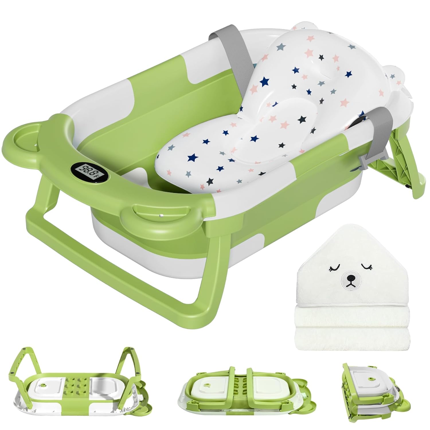 MoreFeel Collapsible Baby Bathtub for Newborn with Thermometer & 1 Hooded Towel & 1 Soft Floating