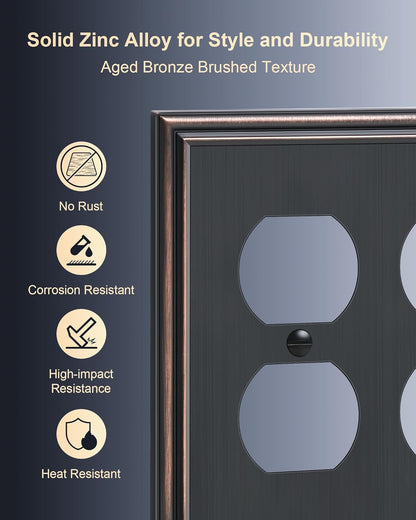 2-Pack Double Duplex Outlet Cover, Aged Bronze Decorative Switch Plates and Outlet Covers for Electrical Outlets, Durable Zinc Alloy Wall Plates, 2 Gang Receptacle Cover, Corrosion Resistant