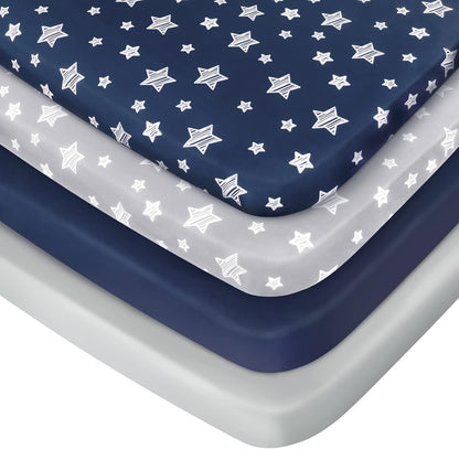 Pack and Play Sheets Boys, 4 Pack Mini Crib Sheets, Stretchy Pack and Play Playard Fitted Sheet