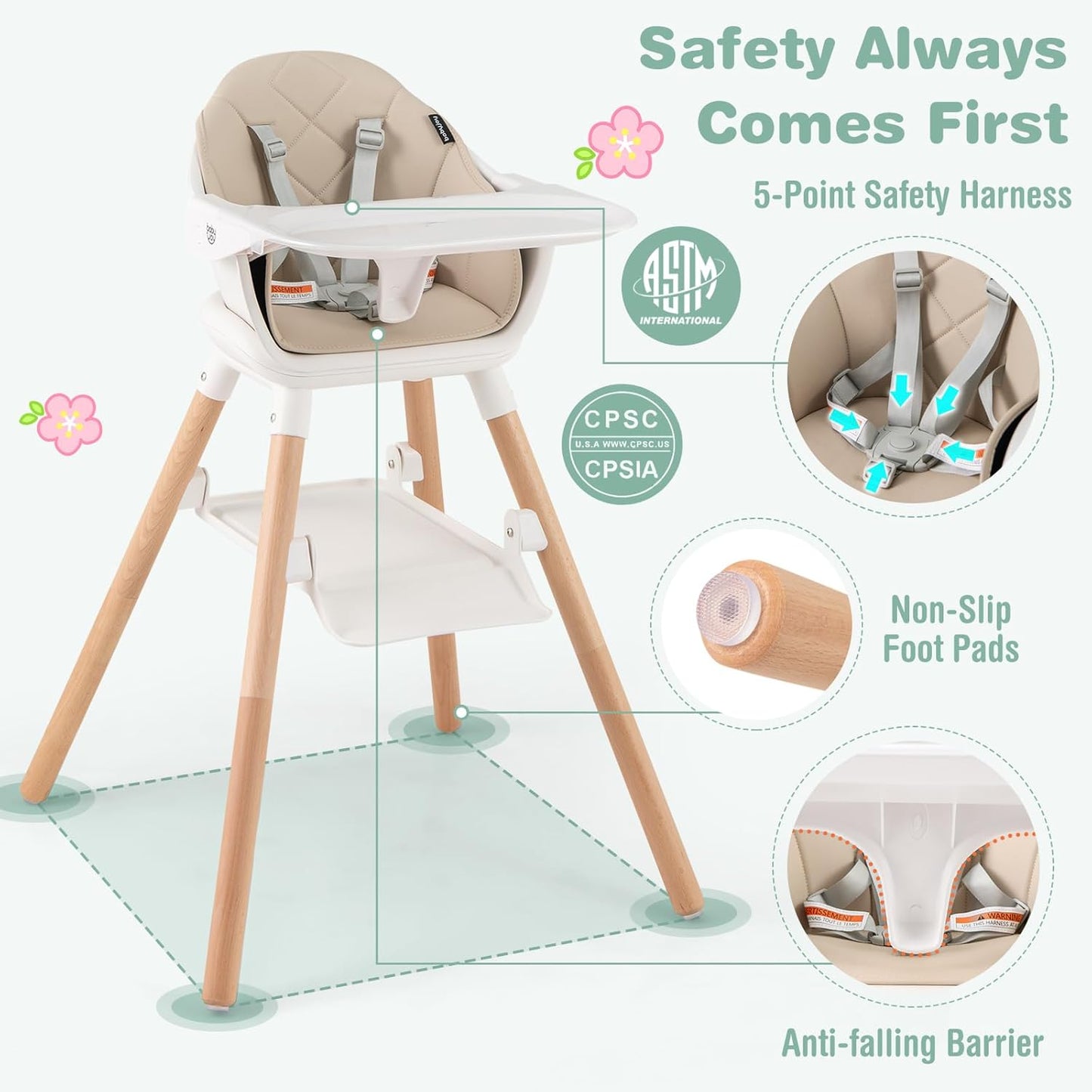BABY JOY High Chair, 6 in 1 Convertible Wooden Highchair for Babies & Toddlers with Adjustable