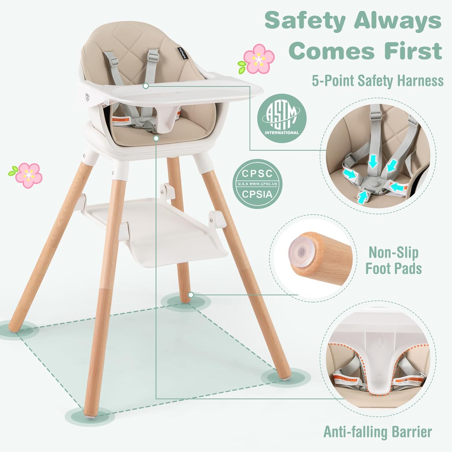 BABY JOY High Chair, 6 in 1 Convertible Wooden Highchair for Babies & Toddlers with Adjustable