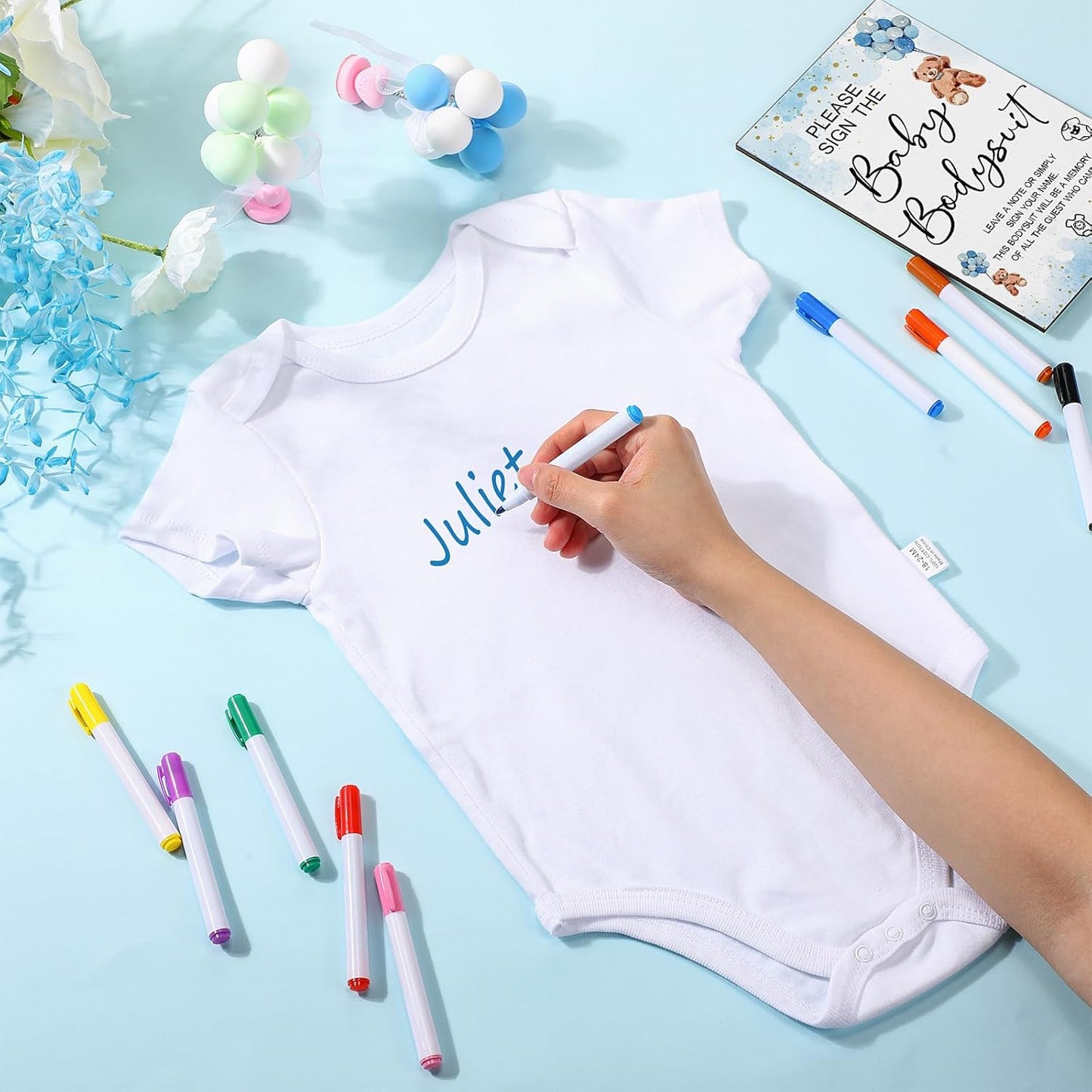 Qunclay 12 Pcs Baby Bodysuit Baby Shower Game Include 1 Game Wooden Sign Tabletop Decor 1 White Blank Newborn Bodysuit 10 Fabric Marker for Gender Reveal Party(Blue Bear)