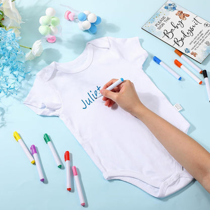 Qunclay 12 Pcs Baby Bodysuit Baby Shower Game Include 1 Game Wooden Sign Tabletop Decor 1 White Blank Newborn Bodysuit 10 Fabric Marker for Gender Reveal Party(Blue Bear)