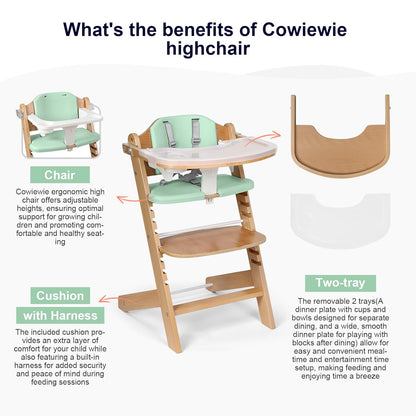 Cowiewie Natural Wooden High Chair for Babies & Toddlers 3-Tier Remove Adjustable Tray and