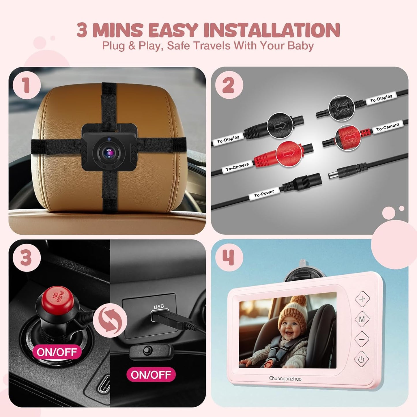 Baby Car Camera with Advanced Crystal-Clear Night Vision, 3X Zoom, USB Powered, 5'' AHD 1080P IPS Car Baby Monitor, Backseat Camera for Kids Infants Rear Facing Mirror, 5inch, Pink