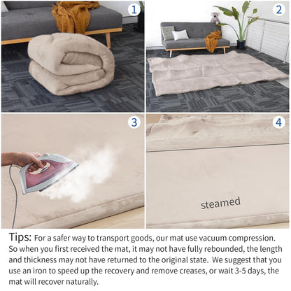 Play Mat for Babies Toddlers,1.3" Thick Elasti-Foam Anti-Fall Cushion Mat for Kids Room,28×72 Bedroom Bedside Rugs,Water-Repellent Soft Coral Velvet,Non-Slip(Beige)