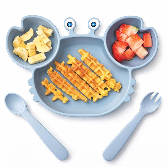 ROCCED Suction Plates for Baby, Silicone Plates with Suction Divided, Baby Spoon Fork Set for