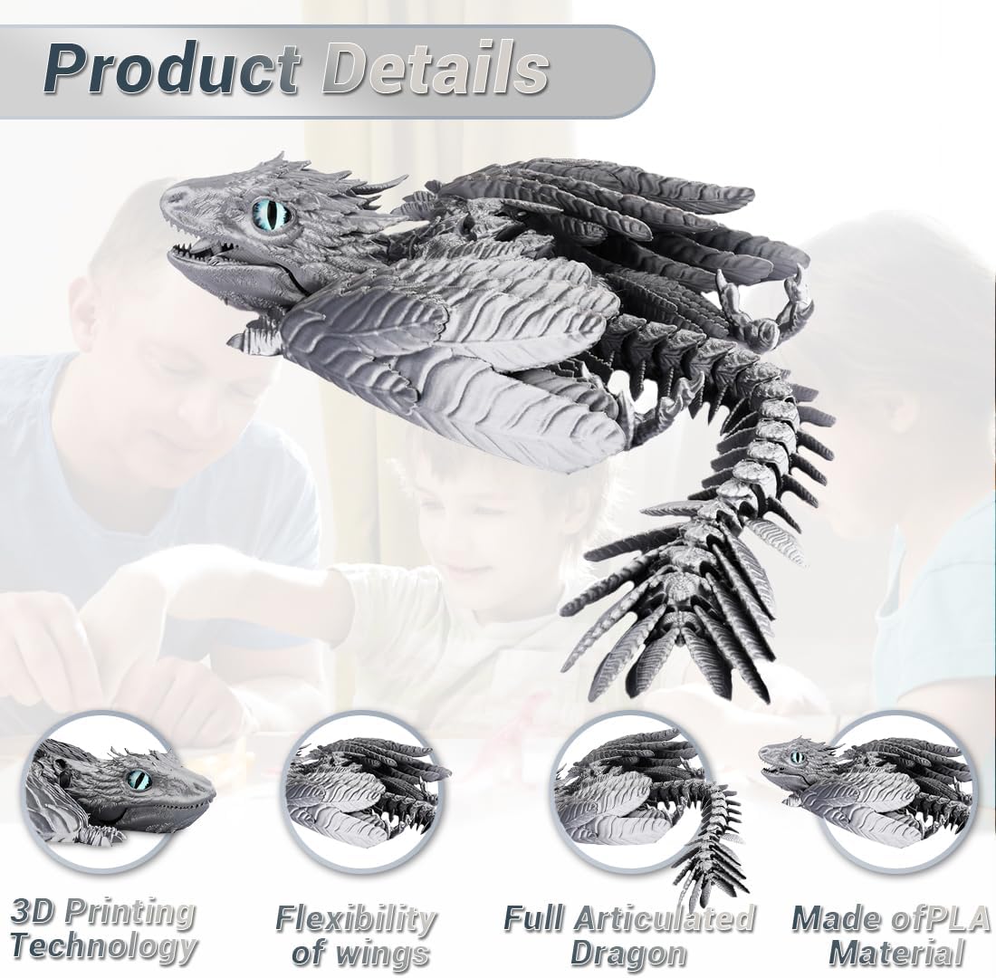 3D Printed Dragon with Wings 3D Printed Animals Articulated Dragon Fidget Dragon 3D Printed Toys Dragon Toy Desk Pets Home Office Decor (Sliver)