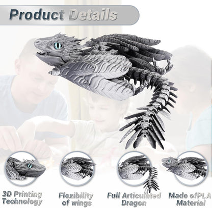 3D Printed Dragon with Wings 3D Printed Animals Articulated Dragon Fidget Dragon 3D Printed Toys Dragon Toy Desk Pets Home Office Decor (Sliver)