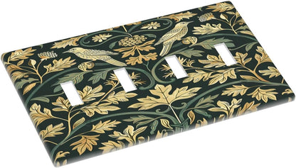 Light Switch Covers William Morris Vintage Botanical Birds Golden Green Leaves Quad Toggle Electrical Faceplate 4 Gang Wall Plate Decorative Switch Plates for Bedroom Home Decor