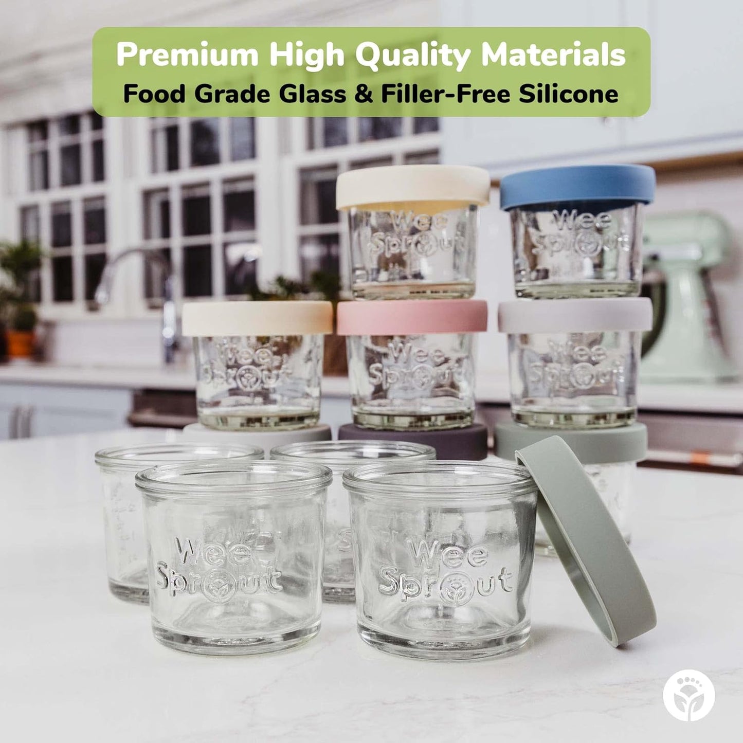 WeeSprout Glass Baby Food Storage Jars w/Lids (4 oz, 12 Pack Set) Snack, Puree, Reusable Small
