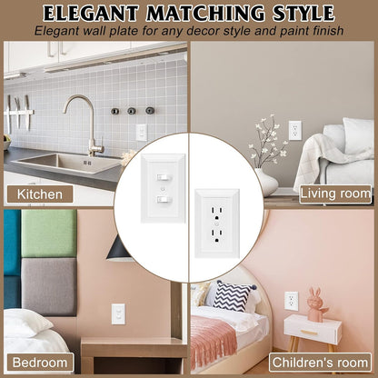 Modern Decorative Wall Plate Switch Plate Outlet Cover, Vintage Retro Wood Grain Design(Single Duplex-4 Pack, White)