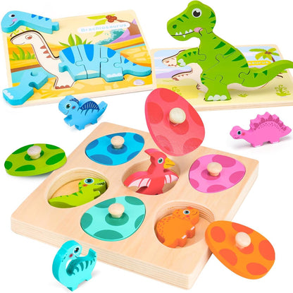 Toddler Dinosaur Puzzle with Eggs - Montessori Wooden Puzzles for 1-4 Year Olds