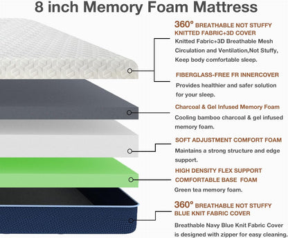 Twin Mattress for Kids - 8 Inch Cooling Gel Memory Foam Mattress in a Box,Gel-Infusion for Cooler Sleep,Breathable Cover,Healthy and Safe,39" X 75" X8" (White&Navy, Twin)