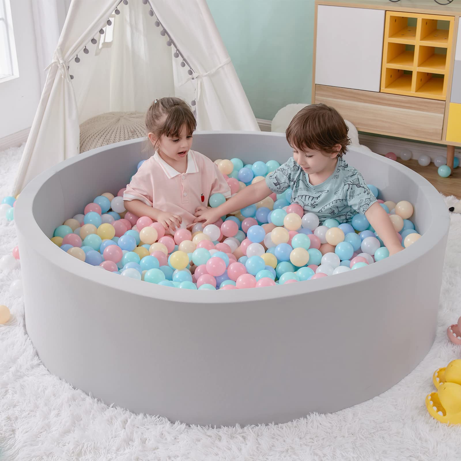 SHJADE Foam Ball Pit, 47.2"x 13.8" Large Ball Pits for Toddlers-Grey