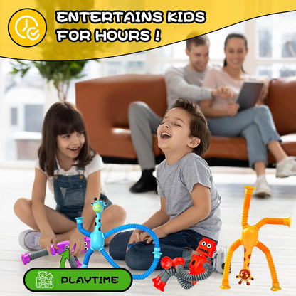 Autism Sensory Toys for Kid Boys Year Old Ages 4 5 6 7 8 9 10(8PCS), Suction Robot Toy Pop Tube Fidget Toys Autistic Travel Toys Valentine's Day Gift Easter Basket Stocking Stuffer for Kids