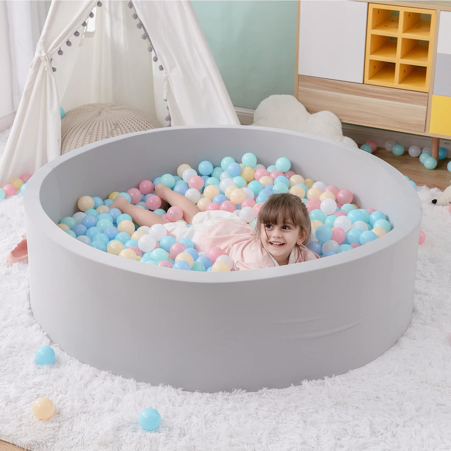 SHJADE Foam Ball Pit, 47.2"x 13.8" Large Ball Pits for Toddlers-Grey