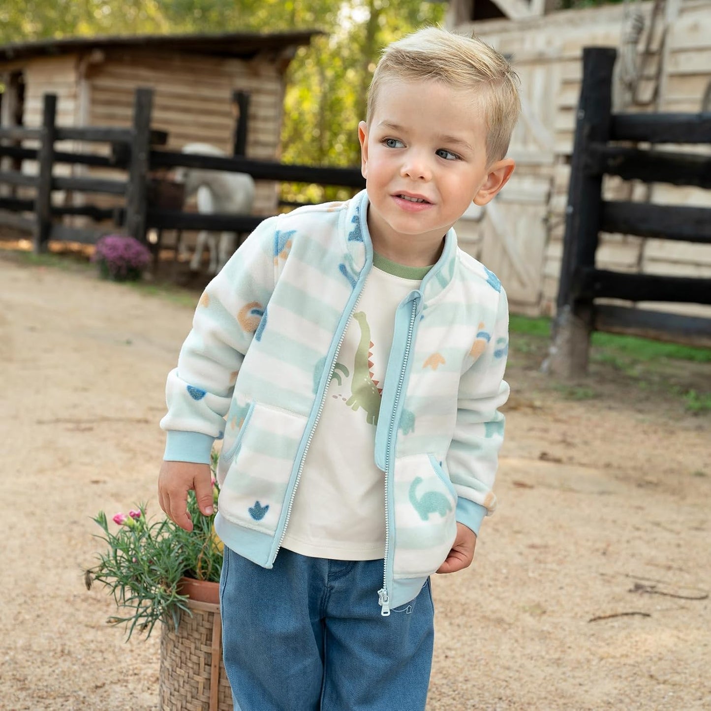 DAVE & BELLA Kids Printed Polar Fleece Jacket Toddler Baby Boys Girls Zip Up Long Sleeve Spring Fall Warm Outerwear Coat