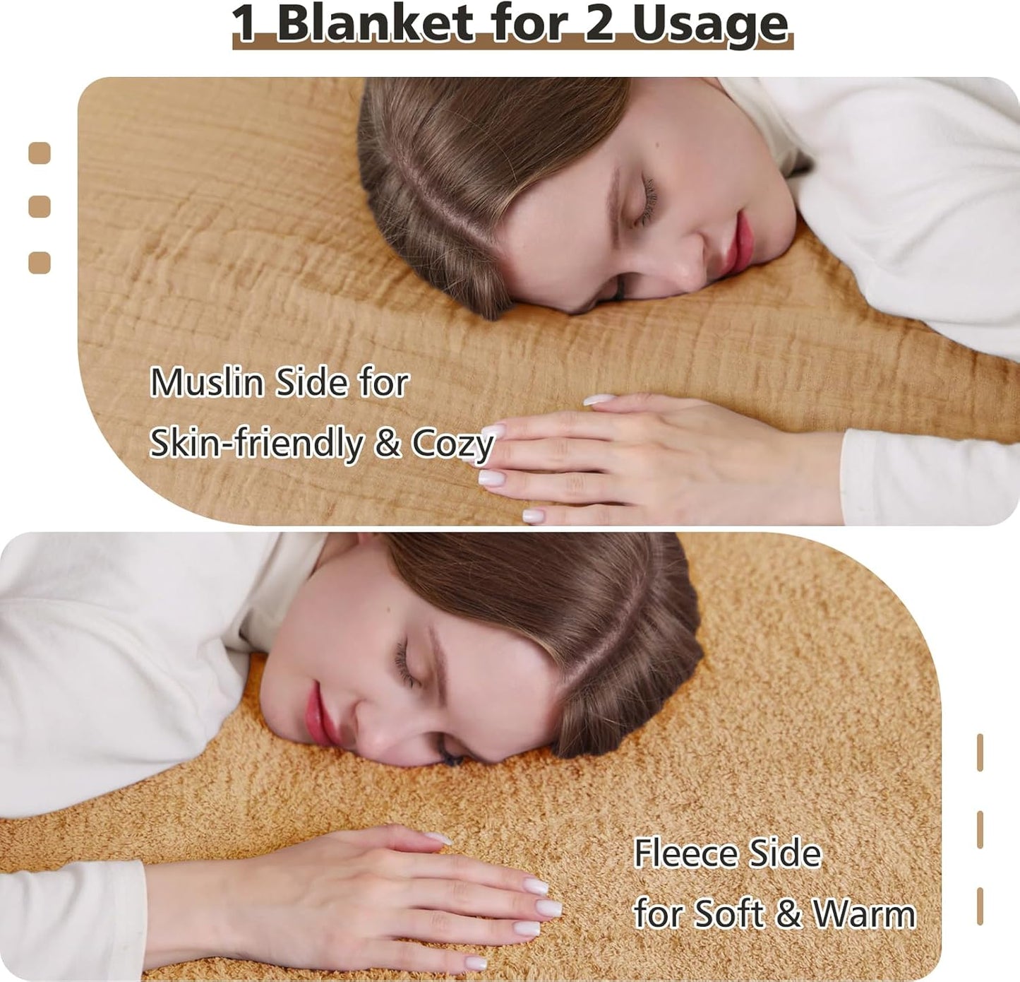 EMME Muslin and Fleece Throw Blanket Reversible - 50"*60" Beige Soft Warm Throw Blankets for Couch Bed Picnic Travel Bed