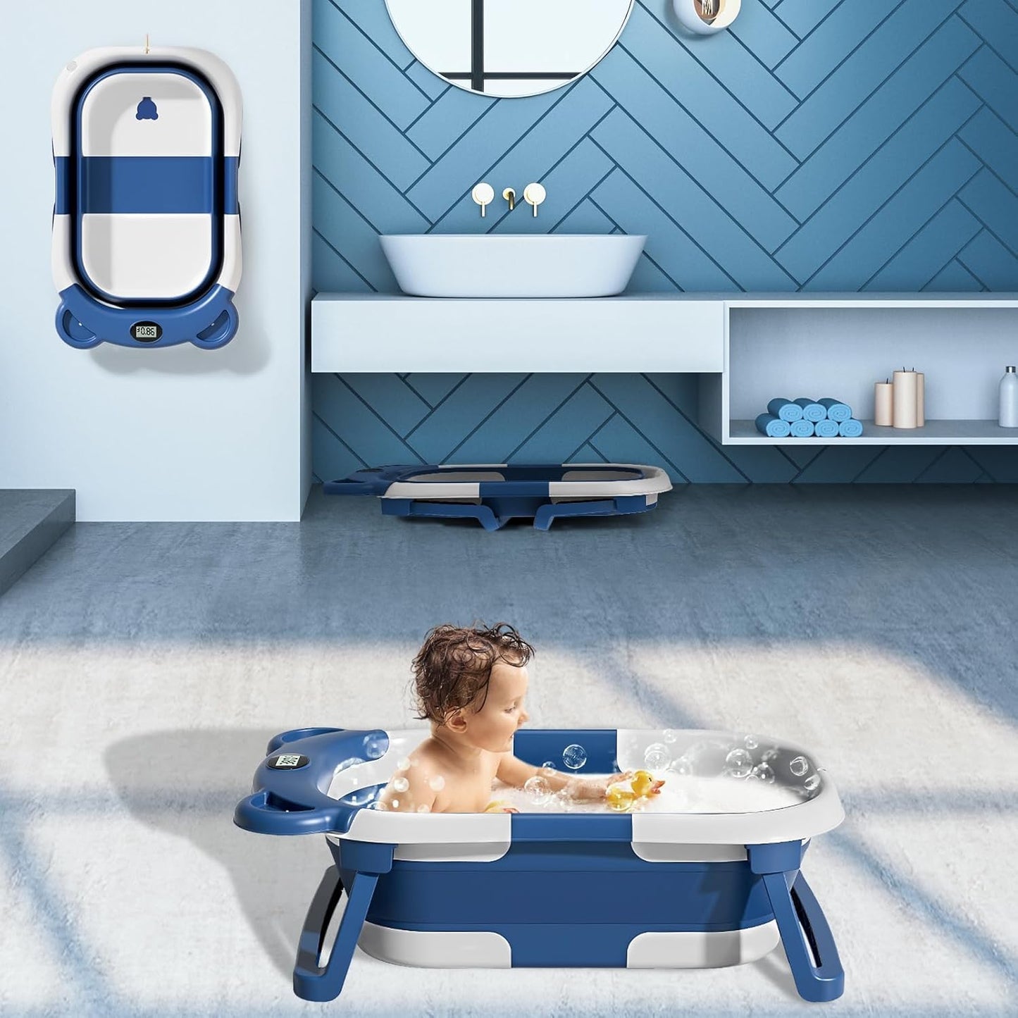 TPN Collapsible Baby Bathtub for Infants to Toddler with Real-time Temp Monitor+Floating