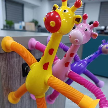 Suction Cup Pop Tubes Giraffe Toy 4PCS, Telescopic Sensory Fidget Toys Funny Shape Changing for Kids Boys Girls Adult Giraffe