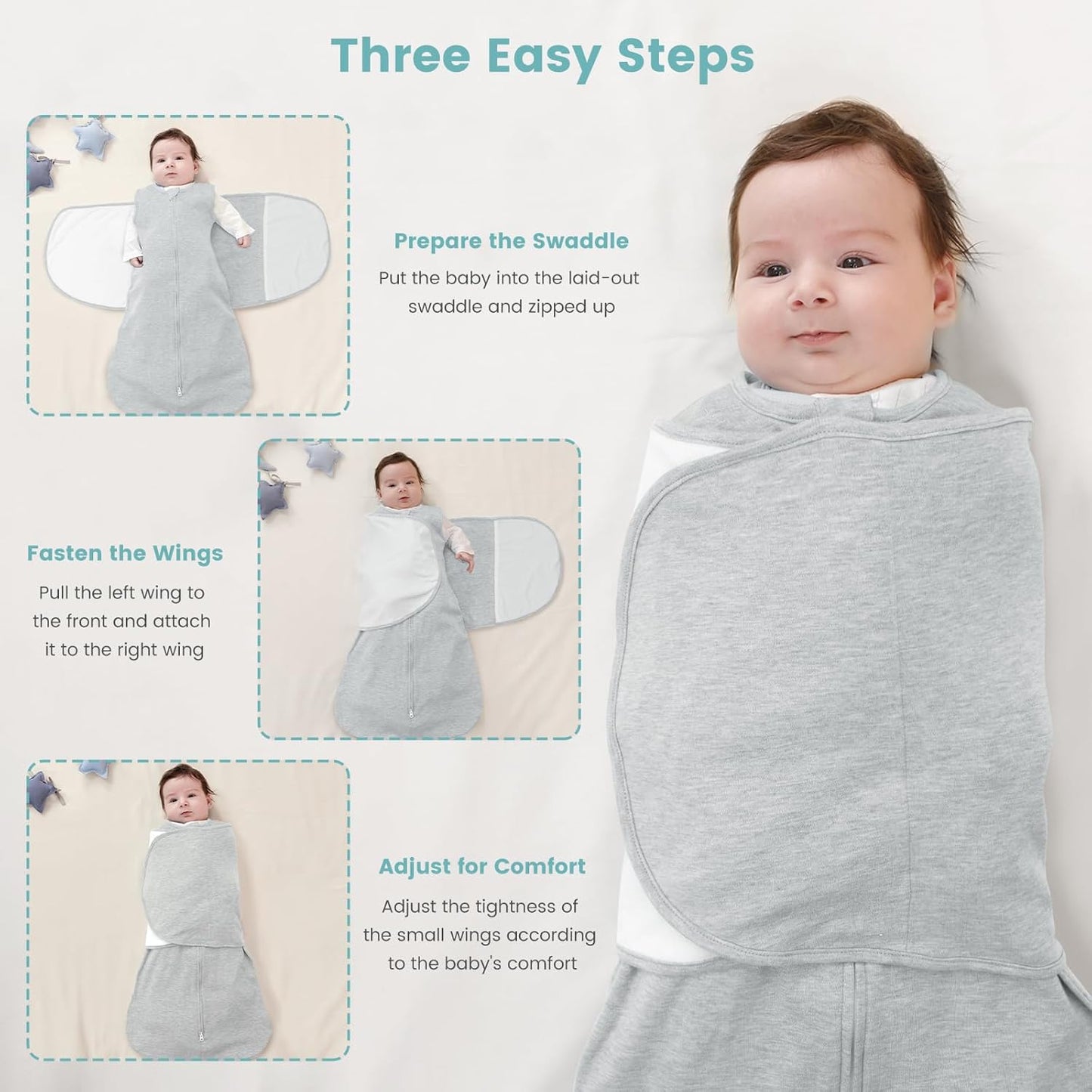 Baby Swaddle Sleep Sack 1.0 Tog 3-in-1 Cotton Baby Swaddle Blanket Wrap for Newborns 6-12 Months