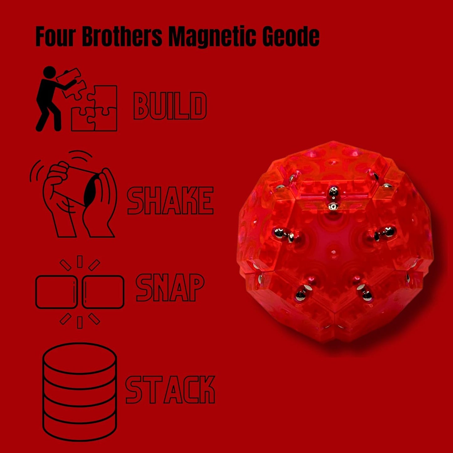 Four Brothers Geode Magnetic Fidget Sphere Set | Mesmerizing 12-Piece Pentagon Design in Red | Fun Desk Gadgets and Quiet ADHD Toys Idea!