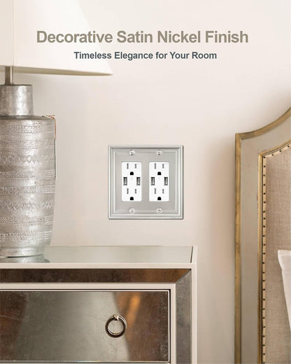 2-Pack Double Decorator Wall Plate, Satin Nickel Eletrical Outlet Cover Plate for Receptacle, Dimmer Switch, GFCI Outlet, Midsize, A035 Series