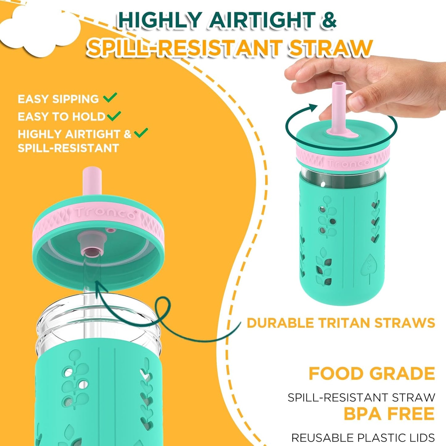 Tronco 12 oz Glass Sippy Cup for Kids & Toddlers | Mason Jar Smoothie Cups with Spill-Proof