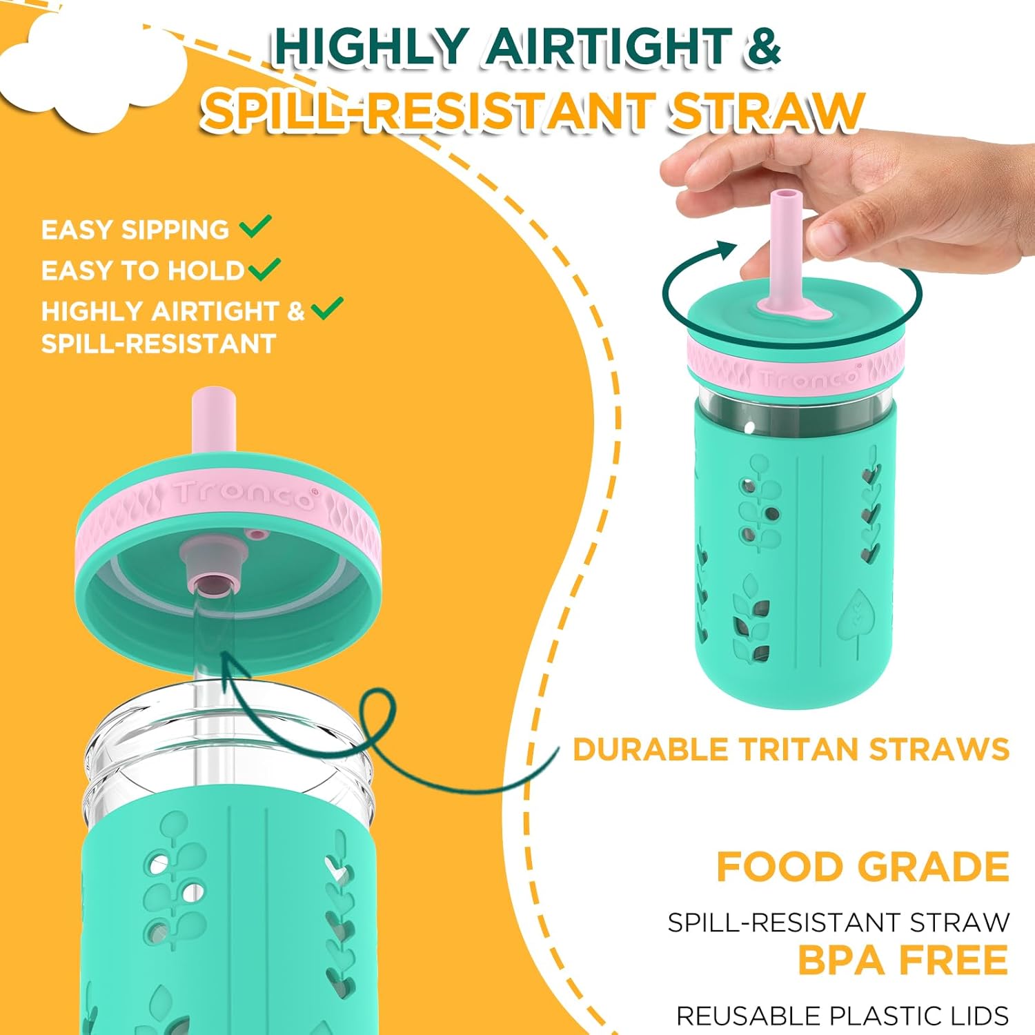 Tronco 12 oz Glass Sippy Cup for Kids & Toddlers | Mason Jar Smoothie Cups with Spill-Proof