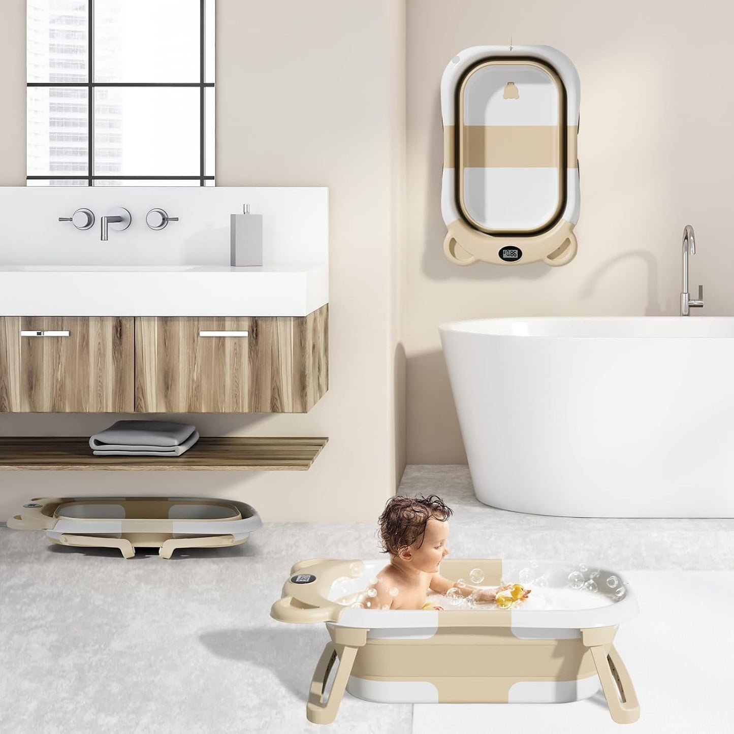TPN Collapsible Baby Bathtub, Baby Bath Tub with Soft Cushion & Real-Time Thermometer, Baby Bathtub