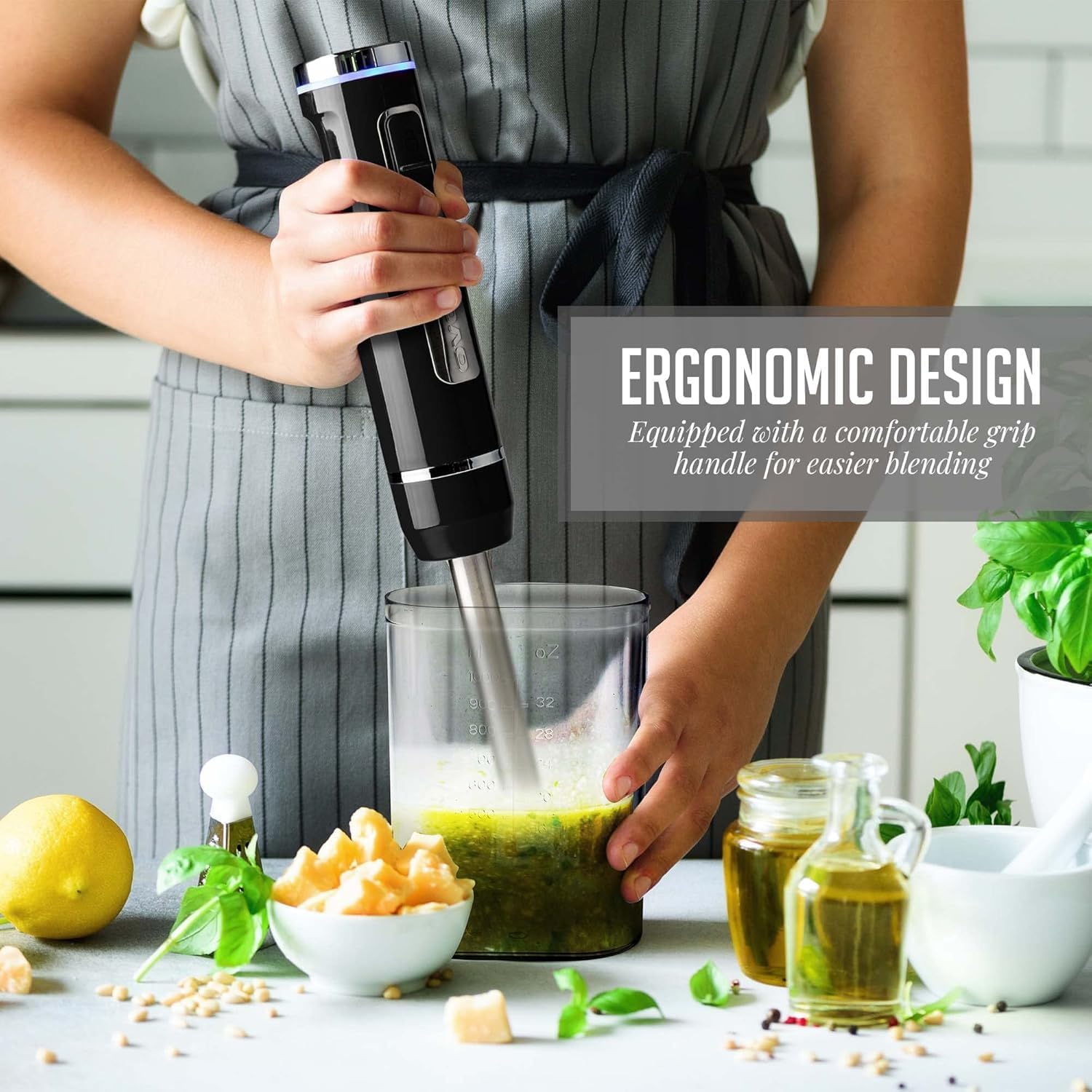 OVENTE Cordless Immersion Hand Blender, Rechargeable Handheld Portable Stick Mixer with 8 Mixing