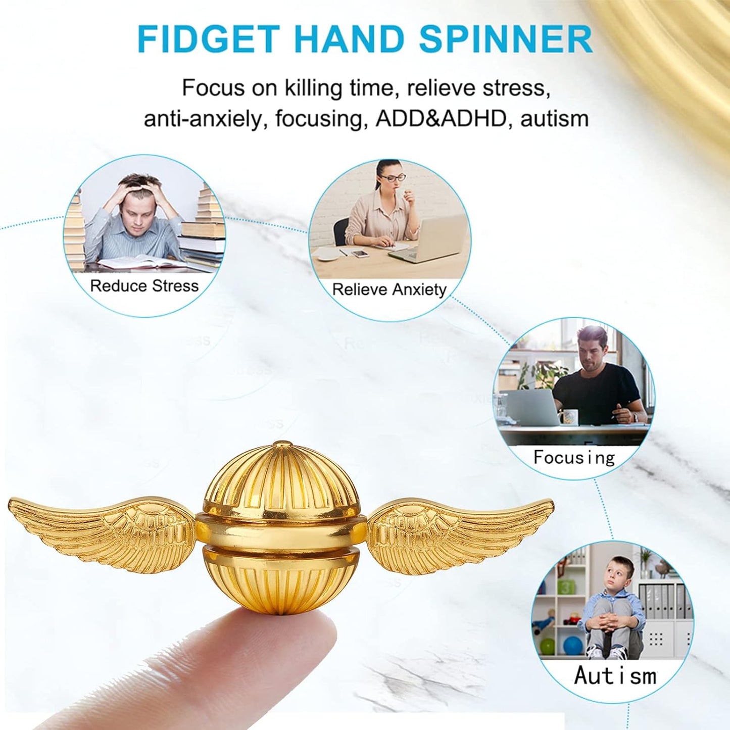 Golden Fidget Spinner Toy Metal for Kids Adults, Cool Margic Orb Fidgit Spinner Finger Desk Spinning Toys, Small Gadget Hand Spinner, Anti Anxiety Stress Relief Toy for Focus, Party Favors Prizes