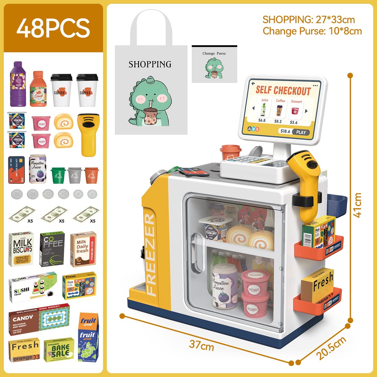Kids Cash Register Playset - 48PCS Play Money, Calculator, Scanner,Ages 3+