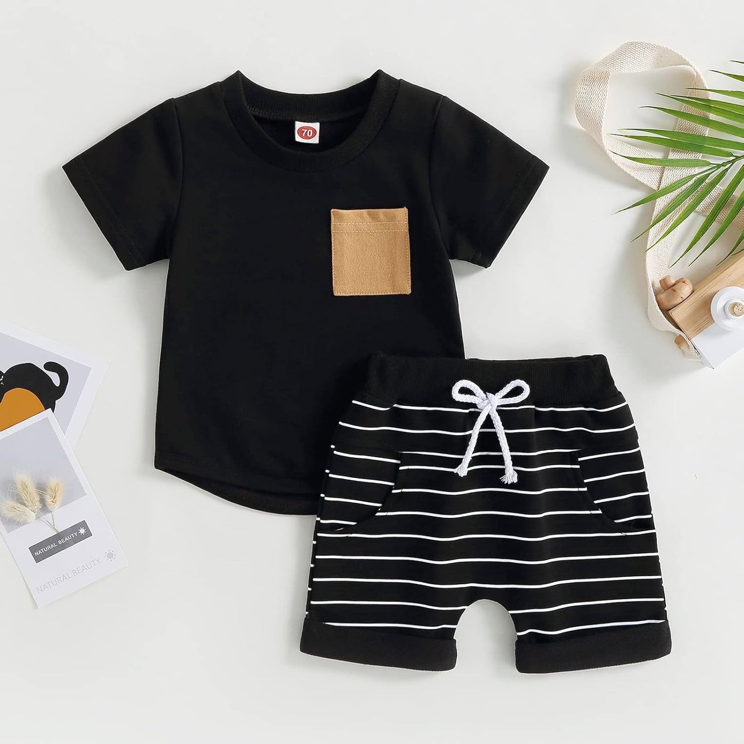fhutpw Baby Toddler Boy Clothes Summer Outfits 6 12 18 24 Months Patchwork Short Sleeve T Shirt & Shorts Sets with Pockets