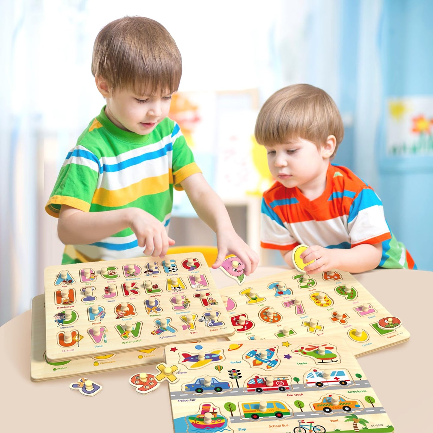 edutree Wooden Peg Puzzles for Toddlers 2-4, 6 Pack Educational Peg Puzzles Montessori Toys