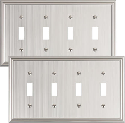 2-Pack Quad Toggle Light Switch Cover Plate, Durable Zinc Alloy Decorative Switch Plate Covers, Brushed Nickel 4 Gang Wall Plate for Toggle Light Switch and Rotary Dimmer Switch
