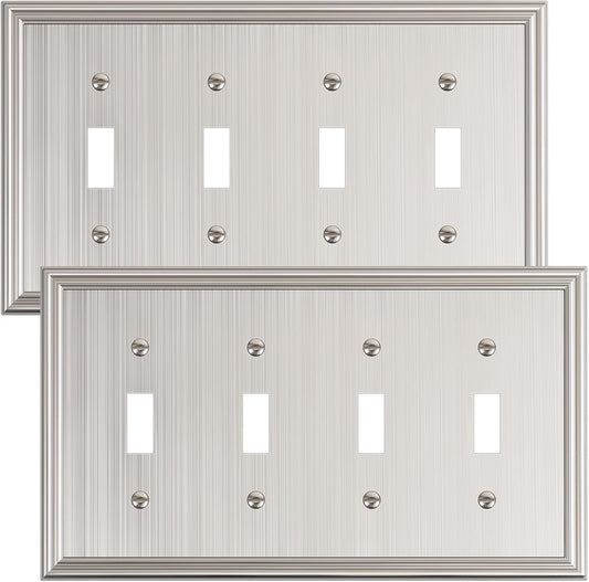 2-Pack Quad Toggle Light Switch Cover Plate, Durable Zinc Alloy Decorative Switch Plate Covers, Brushed Nickel 4 Gang Wall Plate for Toggle Light Switch and Rotary Dimmer Switch