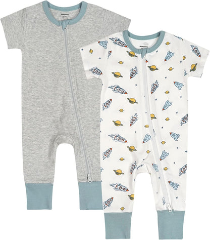 Teach Leanbh Baby Boys Girls 2 Pack 2 Way Zipper Footless Pajamas Cotton Short Sleeve Printing Romper Sleep and Play