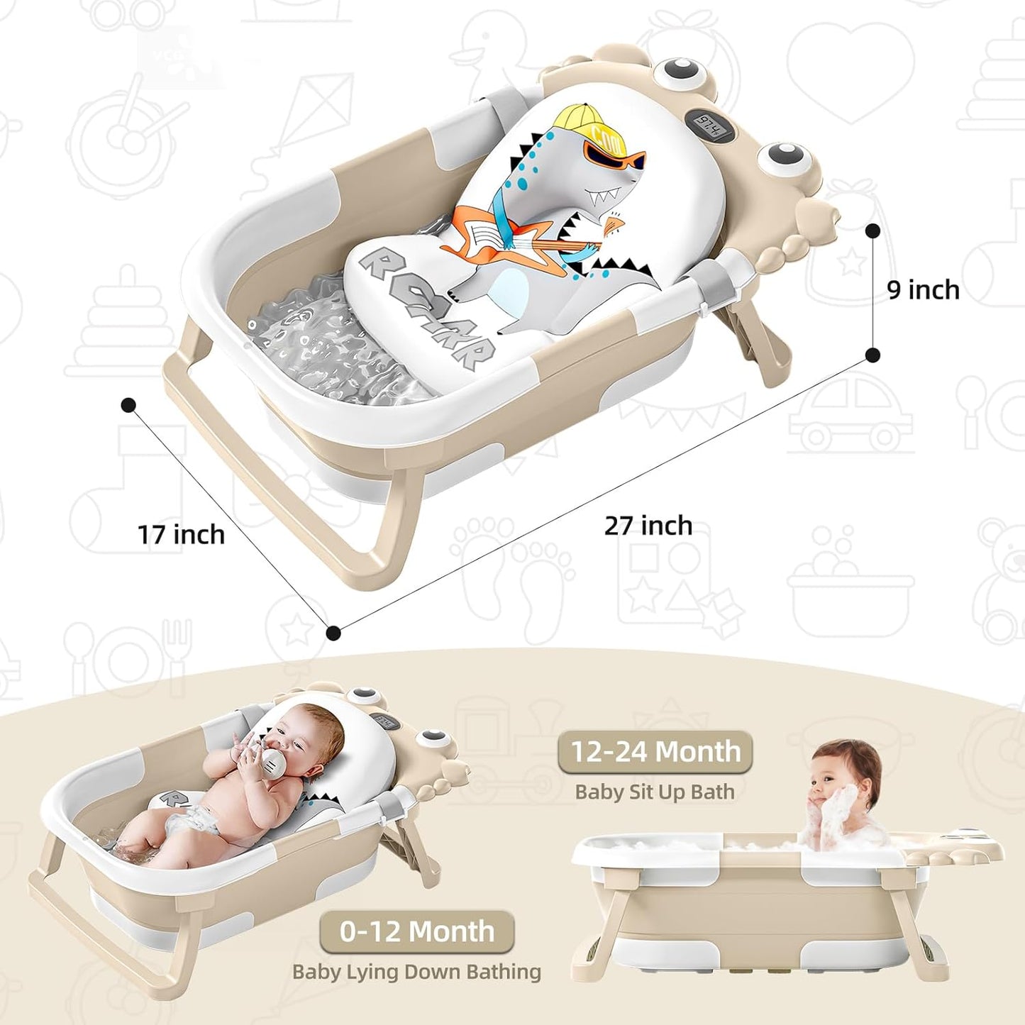 Collapsible Baby Bathtub for Infants to Toddler with Real-time Temp Monitor+Floating