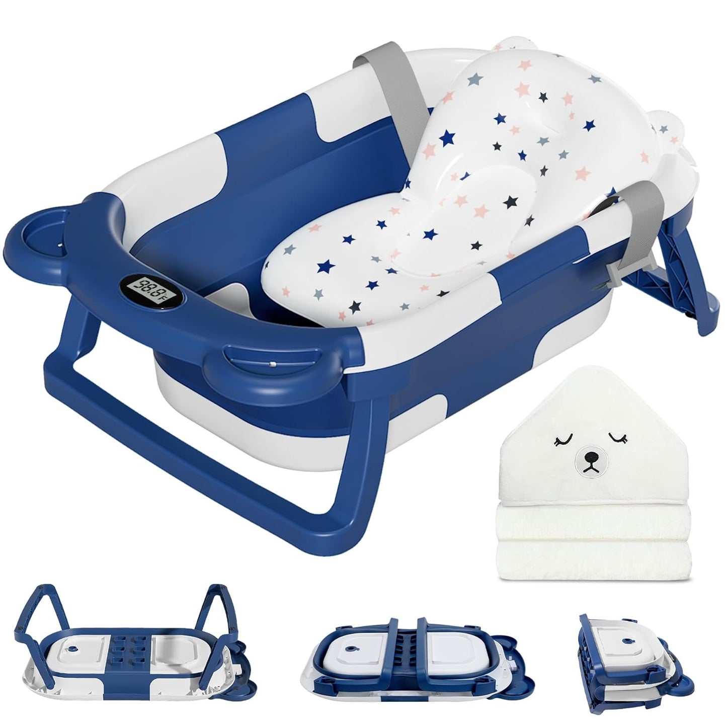 MoreFeel Collapsible Baby Bathtub for Newborn with Thermometer & 1 Soft Floating Cushion & 1 Bath