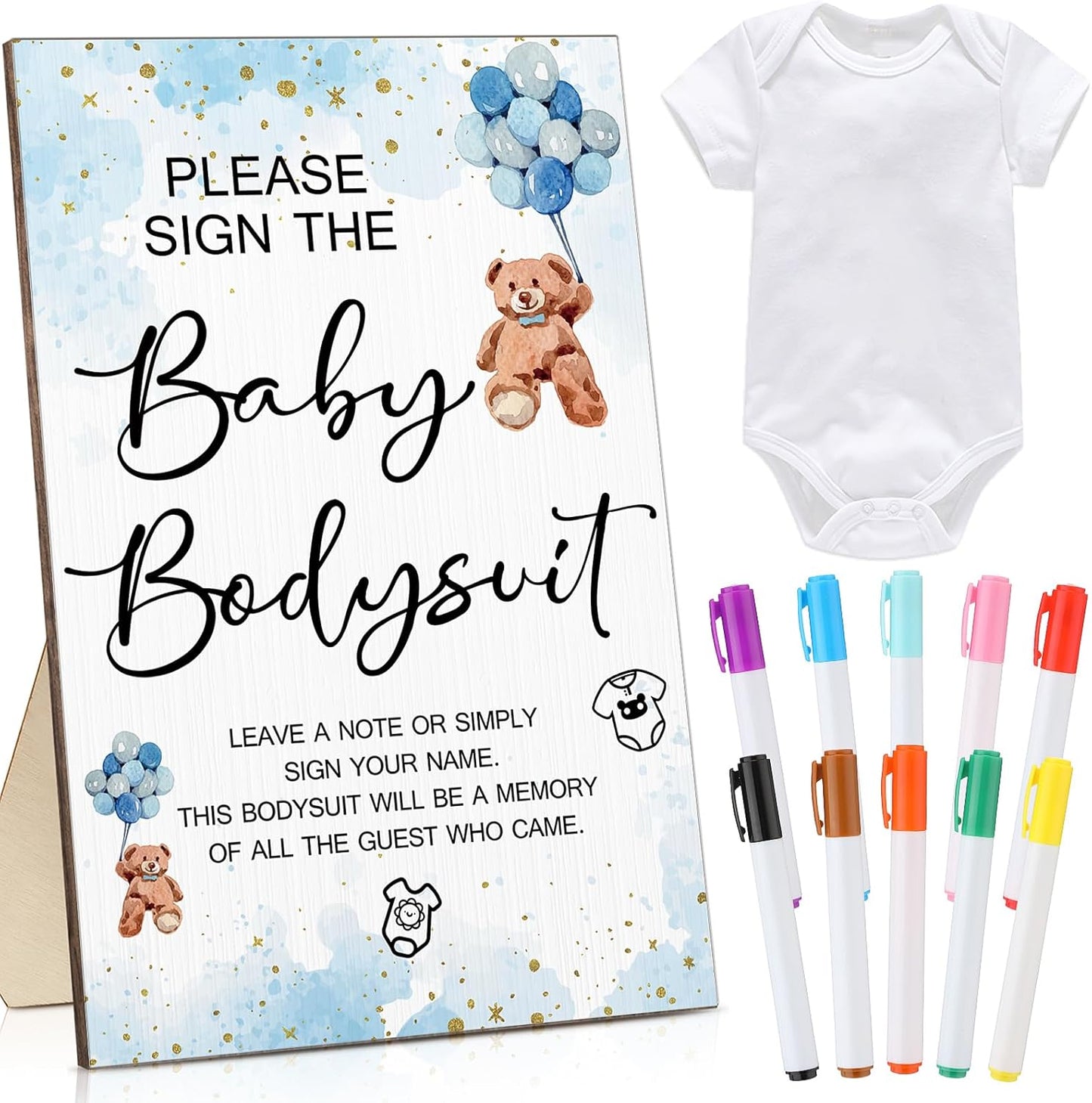 Qunclay 12 Pcs Baby Bodysuit Baby Shower Game Include 1 Game Wooden Sign Tabletop Decor 1 White Blank Newborn Bodysuit 10 Fabric Marker for Gender Reveal Party(Blue Bear)