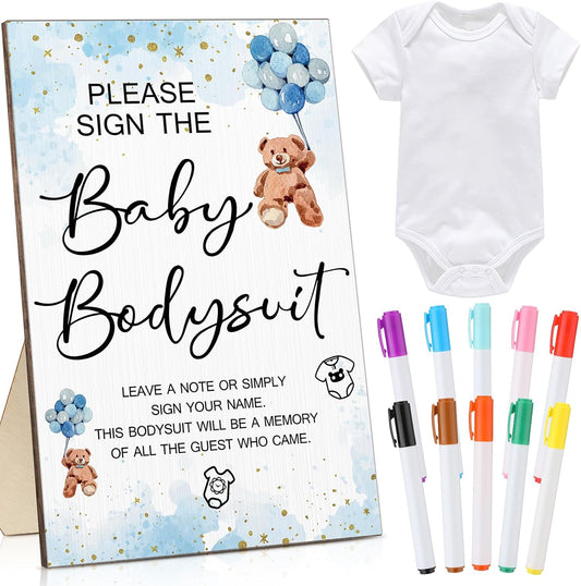 Qunclay 12 Pcs Baby Bodysuit Baby Shower Game Include 1 Game Wooden Sign Tabletop Decor 1 White Blank Newborn Bodysuit 10 Fabric Marker for Gender Reveal Party(Blue Bear)