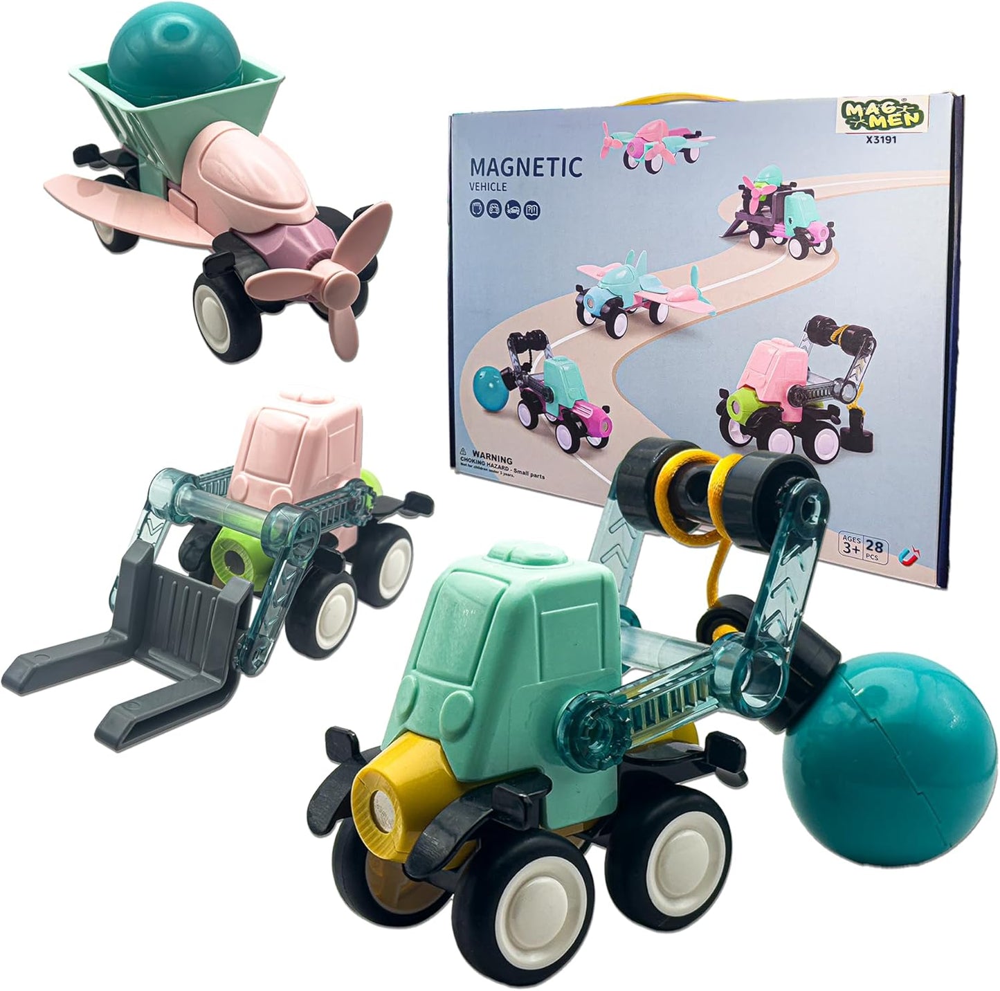 MAGMEN Mini Movers: Magnetic Blocks Building Set - Build Cars, Trucks, Planes & More! Fun & Imaginative STEM Learning Toys (79 pcs) for Kids Ages 3