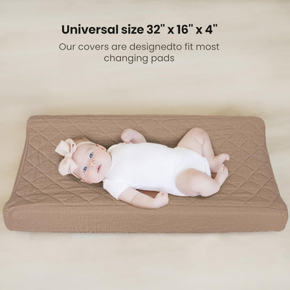 Konssy Waterproof Muslin Changing Pad Cover 2 Pack, Quilted Cotton Fitted Diaper Changing Table Cover, Soft Changing Pad Sheets for Girls Boys (Brown, Cream)