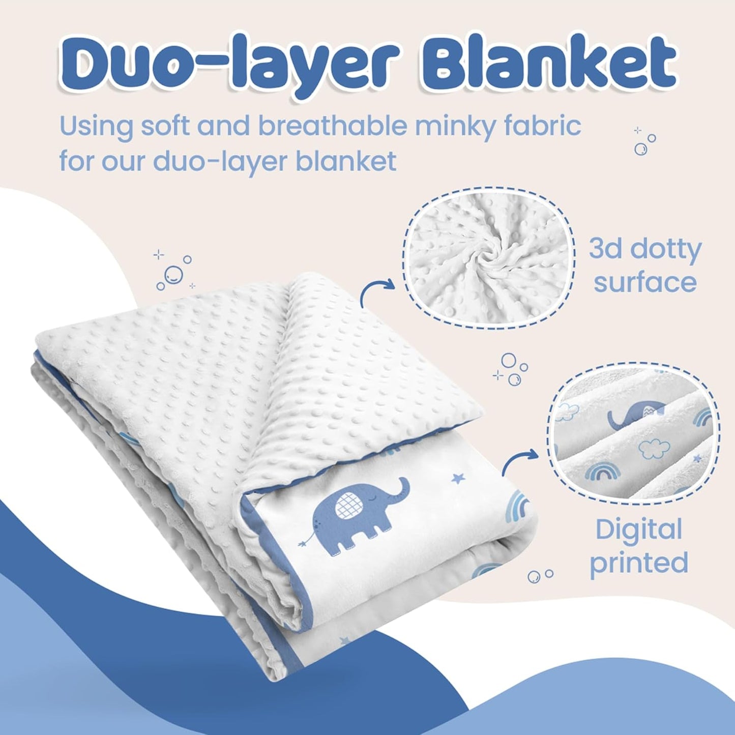 Elephant Minky Baby Blanket 30 x 40 Inches for Boys Girls, Soft Plush Receiving Blanket with Dotted
